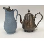 A Dudson stoneware hot water jug with pewter lid, with a EPBM James Dixon & Sons teapot,