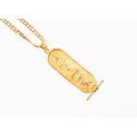 A 9ct gold chain and Egyptian Hieroglyph pendant, length approx 20'', with a weight approx 7.