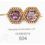 A Victorian amethyst and seed pearl double hexagonal cluster yellow gold brooch,