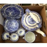 Spode blue and white transfer printed large kettle with eight teacups, nine saucers,