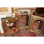 Brass framed painted mirror fire guard, with a gesso framed over mantle mirror,