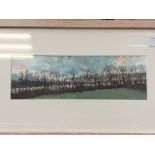 Modern watercolour, landscape with silhouetted tress, unsigned, 'Forge Farm Studio' label to verso.