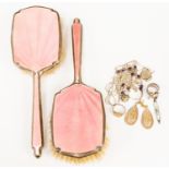 Two silver with pink engine engraved enamel backed hair brushes and silver jewellery (1 bag)