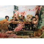 Oil on canvas, 20th Century depicting a harem, heavy gilt frame, unsigned ,