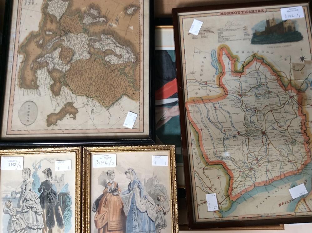 Two framed and glazed hand tinted maps, Monmouthshire and Europe, two French fashion prints,