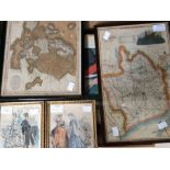 Two framed and glazed hand tinted maps, Monmouthshire and Europe, two French fashion prints,