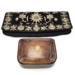 An Italian gilt tooled leather stud box and a silver bullion work velvet evening clutch bag (2)