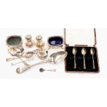 Three silver coffee spoons in case, together with five further spoons, a sugar spoon,