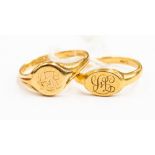 Two 18ct gold gents signet rings,both initialed to the top, sizes O and P,