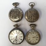 Four assorted pocket watches with stamped scenes white metal