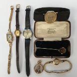 A collection of watches to include a 1920s/30s 9ct gold cocktail watch (cased) a ladies 9ct gold