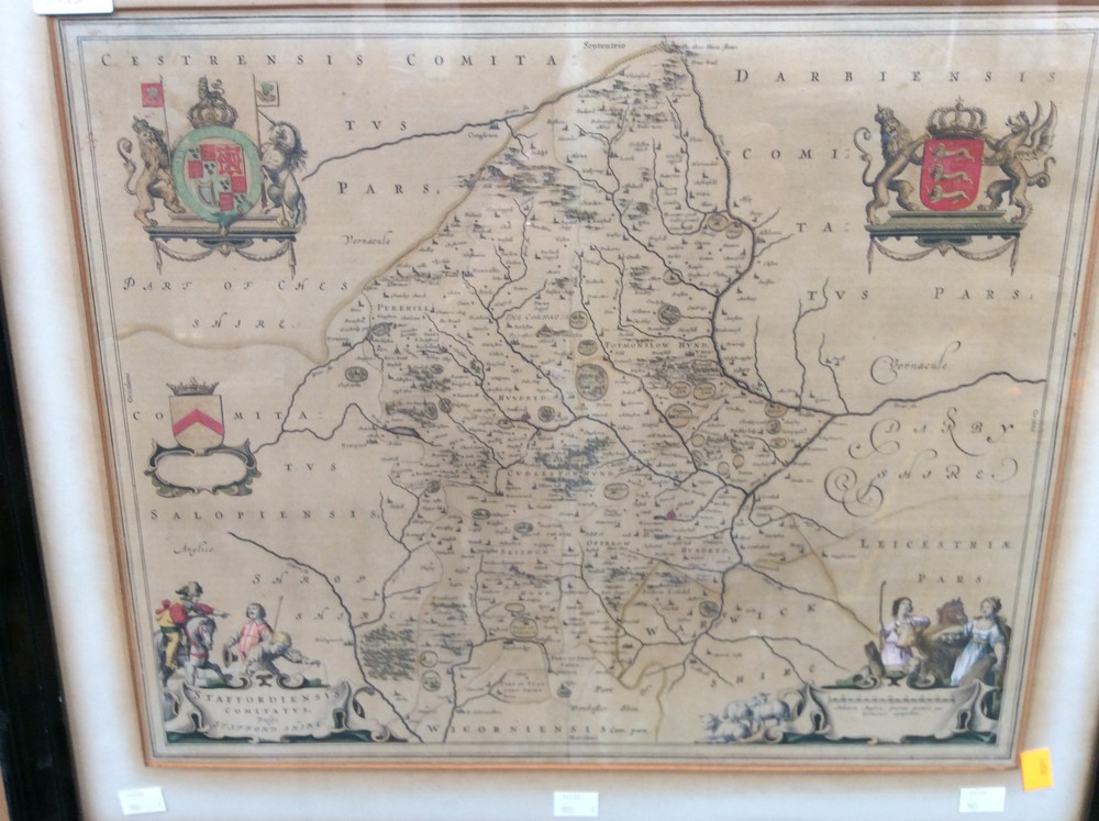 A framed and glazed 17th century map of Staffordshire, J. Blaeu.