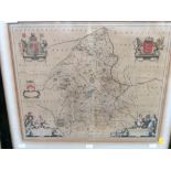 A framed and glazed 17th century map of Staffordshire, J. Blaeu.