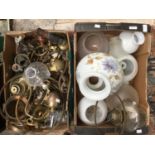 A box of oil lamp parts; together with a box of oil lamp shades,