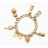 A 9ct gold charm bracelet, with six 9ct gold and yellow metal charms and two padlocks,