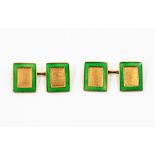 Pair of 18ct and Italian cuff links with square terminals, having green enamel borders,