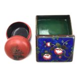 A Japanese cloisonné box and cover and a red lacquer box and cover,