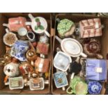 A collection of 17 novelty teapots, a cookie jar, a gilt coffee set,