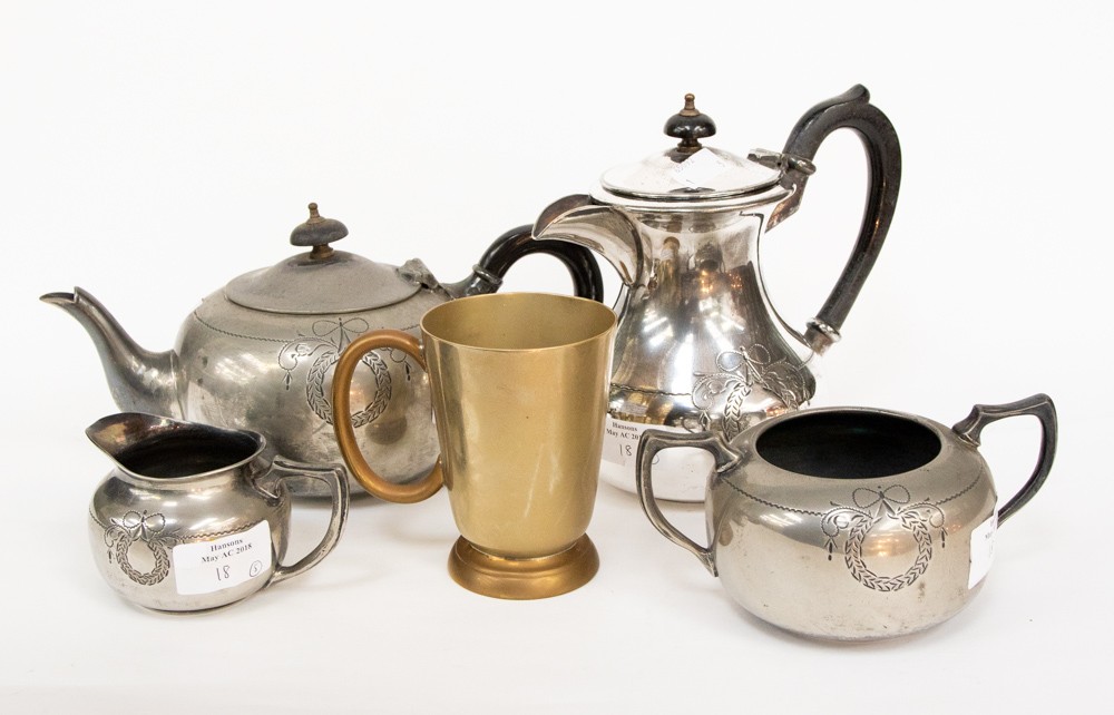 EPBM tea service with hot water jug and a plated (worn) tankard,