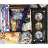 A quantity of Rupert Bear items to include a box of lead figurines, pin badges, money boxes,