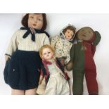 Four assorted dolls to comprise: two Norah Wellings style felt dolls, one made by DRB,