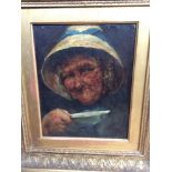 An oil on canvas of a woman holding a bowl, named verso, approx 25.