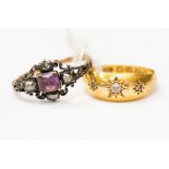 An 18ct gold ring, gypsy set three diamonds and a Georgian rose cut diamond and amethyst type ring,