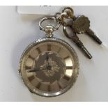 A 'fine silver' ladies Swiss made fob/pocket watch, engraved dial with silver gilt Roman numerals,