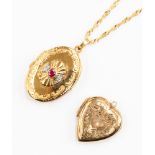 A 9ct gold and ruby and diamond set locket on a 9ct gold Singapore chain,