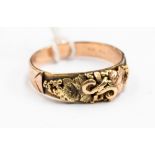 A rose and yellow metal band, stamped 16k, with grape and vine leaf details and scrolled wire work,