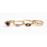 Four gold rings, comprising an 18ct gold and diamond set ring, a 9ct gold,