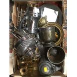 One box of metalware to include a silver plated spirit kettle, a brass inkwell, flatware,