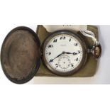 A Longines silver foliate engraved pocket watch with gold crown, engraved to front a/f,