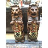 A decorative pair of carved oak lions with Coat Of Arms, Patientia Omnia Vincit, Patience Lions,