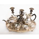 A Sheffield silver plated on copper gallery tray, with a EPBM four piece tea set,