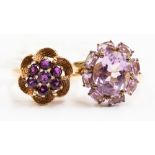 Two 9ct gold and amethyst dress rings, both with floral designs, sizes R and Q½,