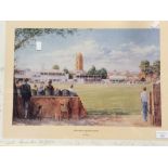 A framed copy of a painting by Alan Fearnley in 1982 of 'The County Ground, Taunton',