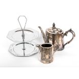 An inscribed 1897 silver plated teapot and matching milk jug 1900 and a chrome plated cake stand in