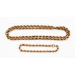 A 9ct gold rope necklace, length approx 24'', along with a matching bracelet, length approx 7.