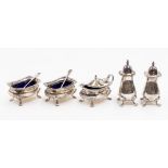 A George V five piece silver cruet set, blue liners to salts and mustard pot, Birmingham, 1923,