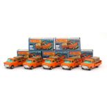 Matchbox: Five Superfast 75 vehicles, 66c Ford Transit Pick-Up, dark orange body, turquoise windows,