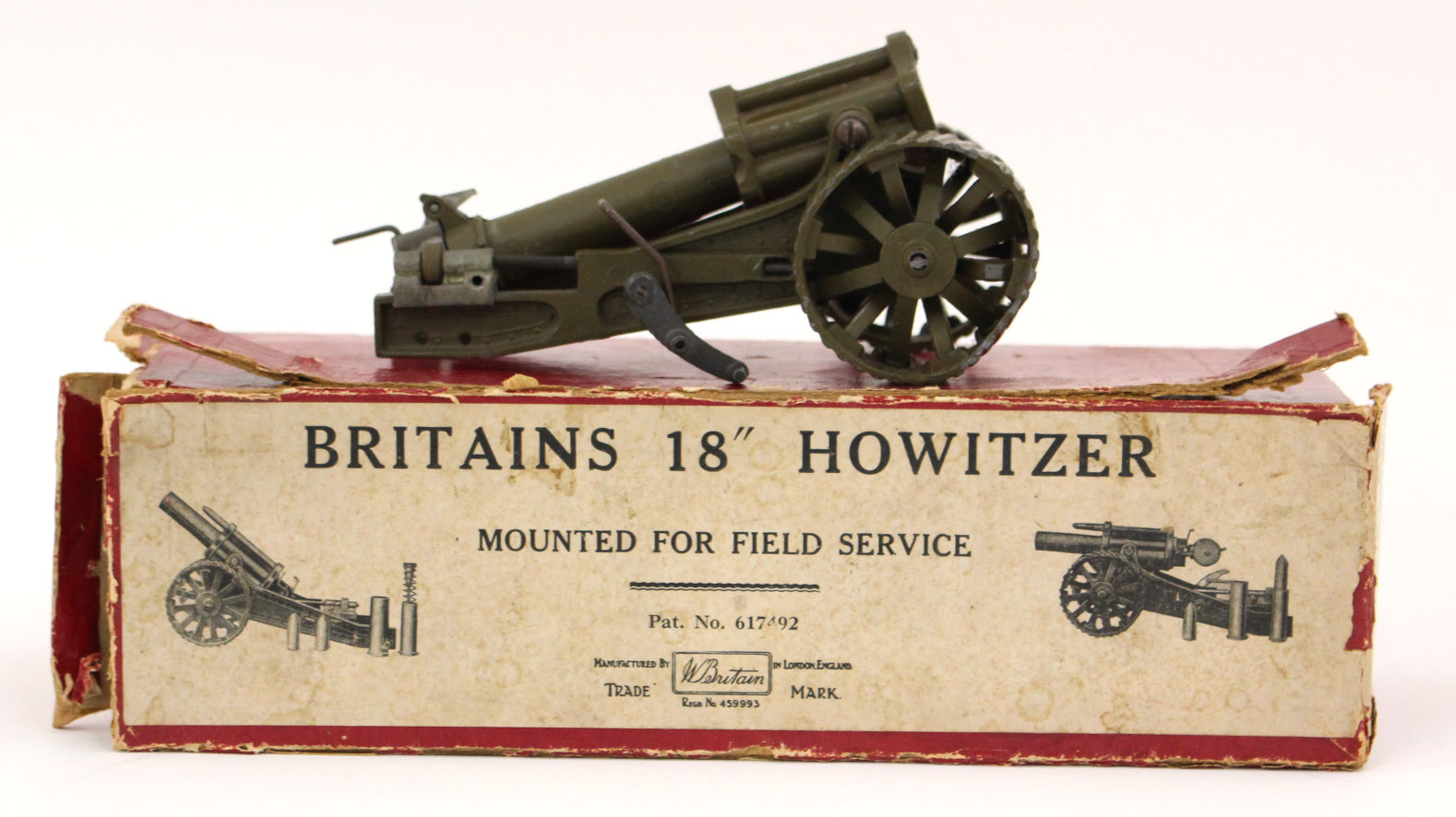 Britains: A boxed Britains '18 Inch Howitzer', No. 2107, box and vehicle as found.