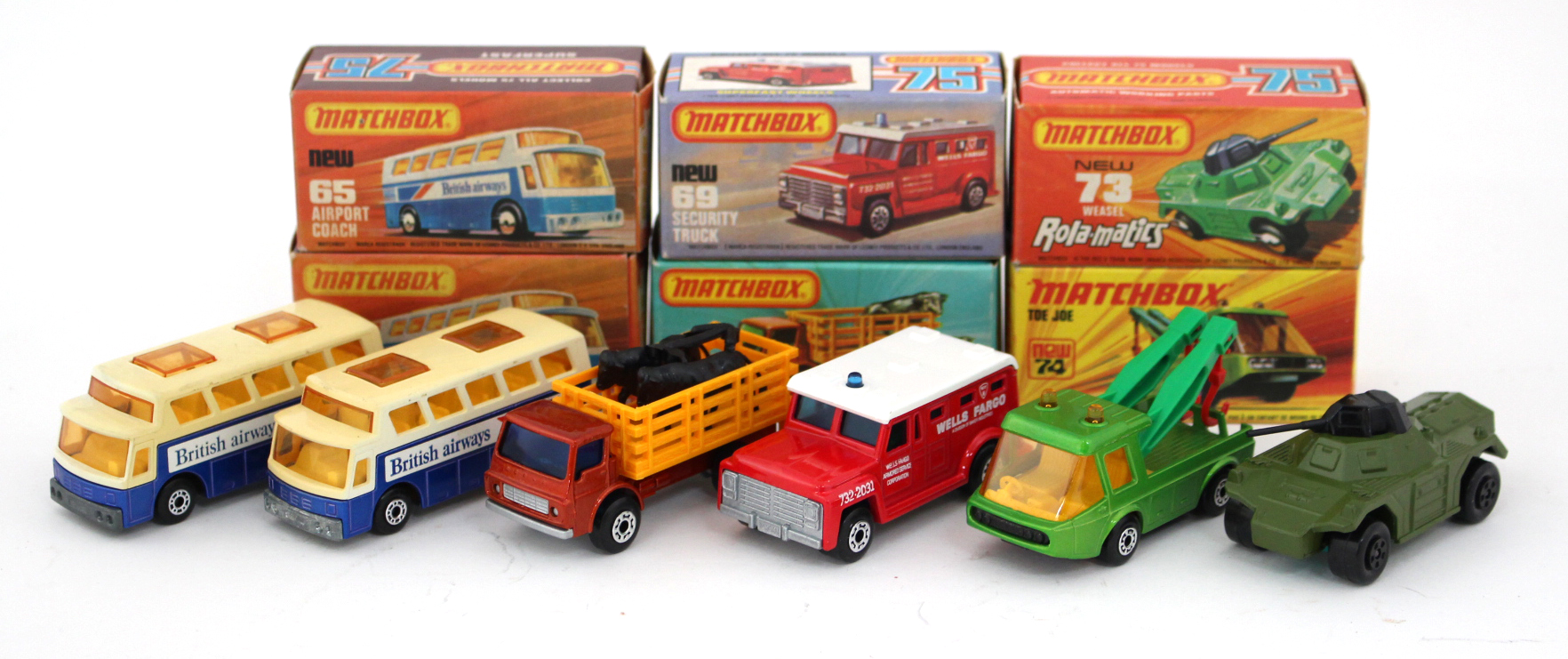 Matchbox: Six Superfast 75 Series vehicles: 65b Airport Coach, metallic dark blue body, white roof,