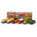 Matchbox: Six Superfast 75 Series vehicles: 65b Airport Coach, metallic dark blue body, white roof,