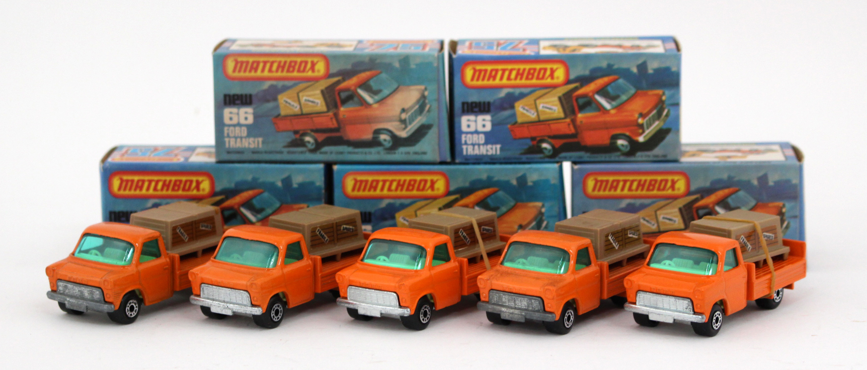 Matchbox: Five Superfast 75 vehicles, 66c Ford Transit Pick-Up, dark orange body, turquoise windows,