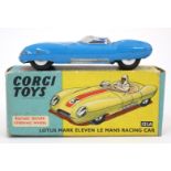 Corgi: A boxed Lotus Mark Eleven Le Mans Racing Car, 151A, blue, white and red livery, car number 7,