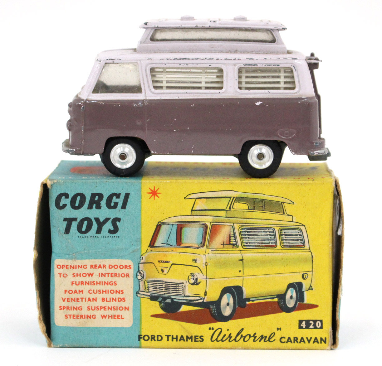 Corgi: A boxed Ford Thames 'Airborne' Caravan', 420, lilac top with mauve bottom, slightly playworn,