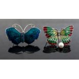 A silver and plique a jour enamel butterfly brooch, with a drop pearl detail,