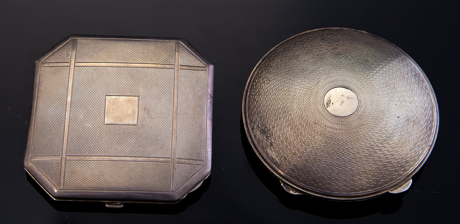 Two Art Deco silver compacts, engine turned circular and square form, Crisford and Norris,