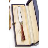 A Norwegian enamelled silver gilt fruit knife, in case, red guilloche enamel,
